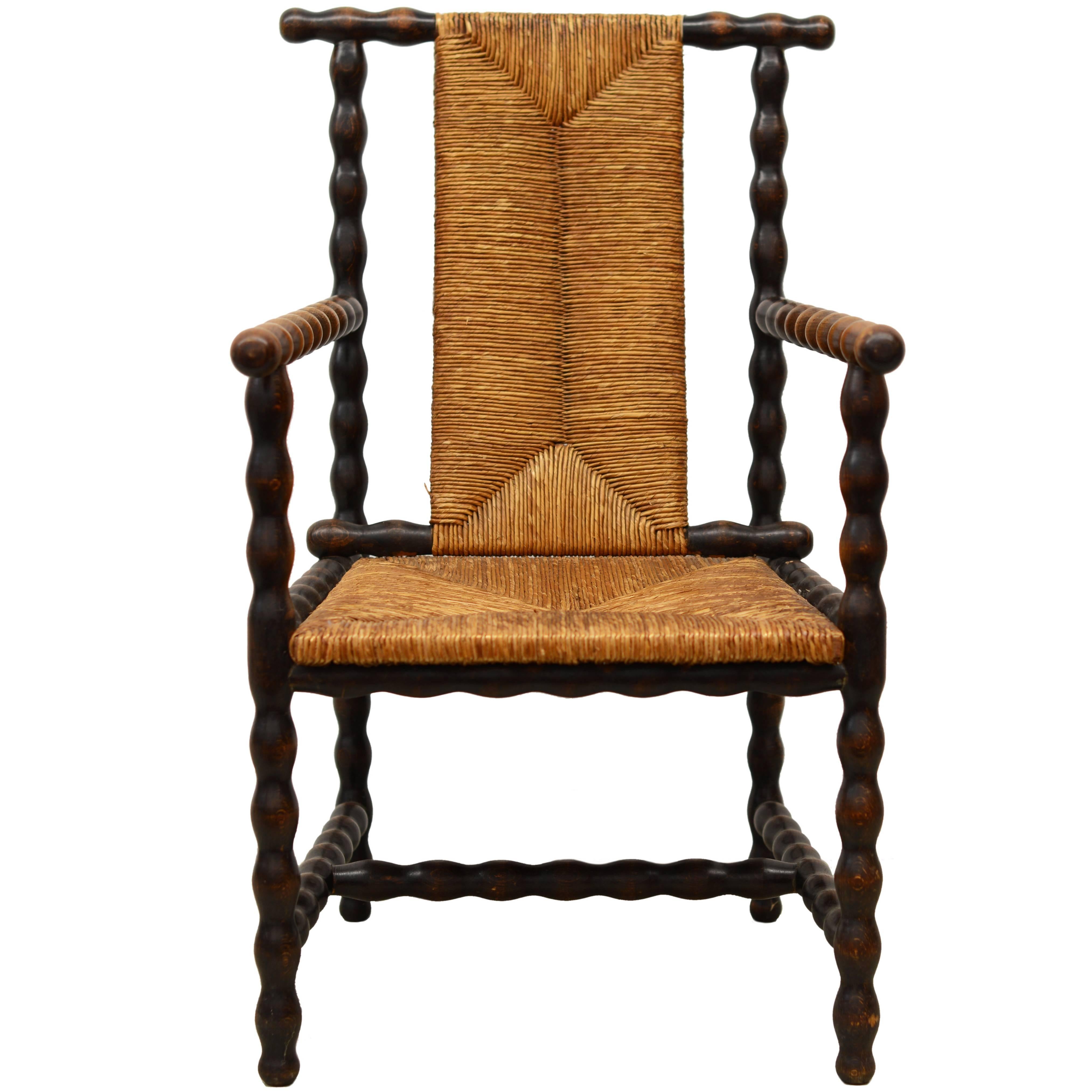 Josef Zotti Ebonized Maplewood and Rush Seat Armchair, Early 20th Century For Sale