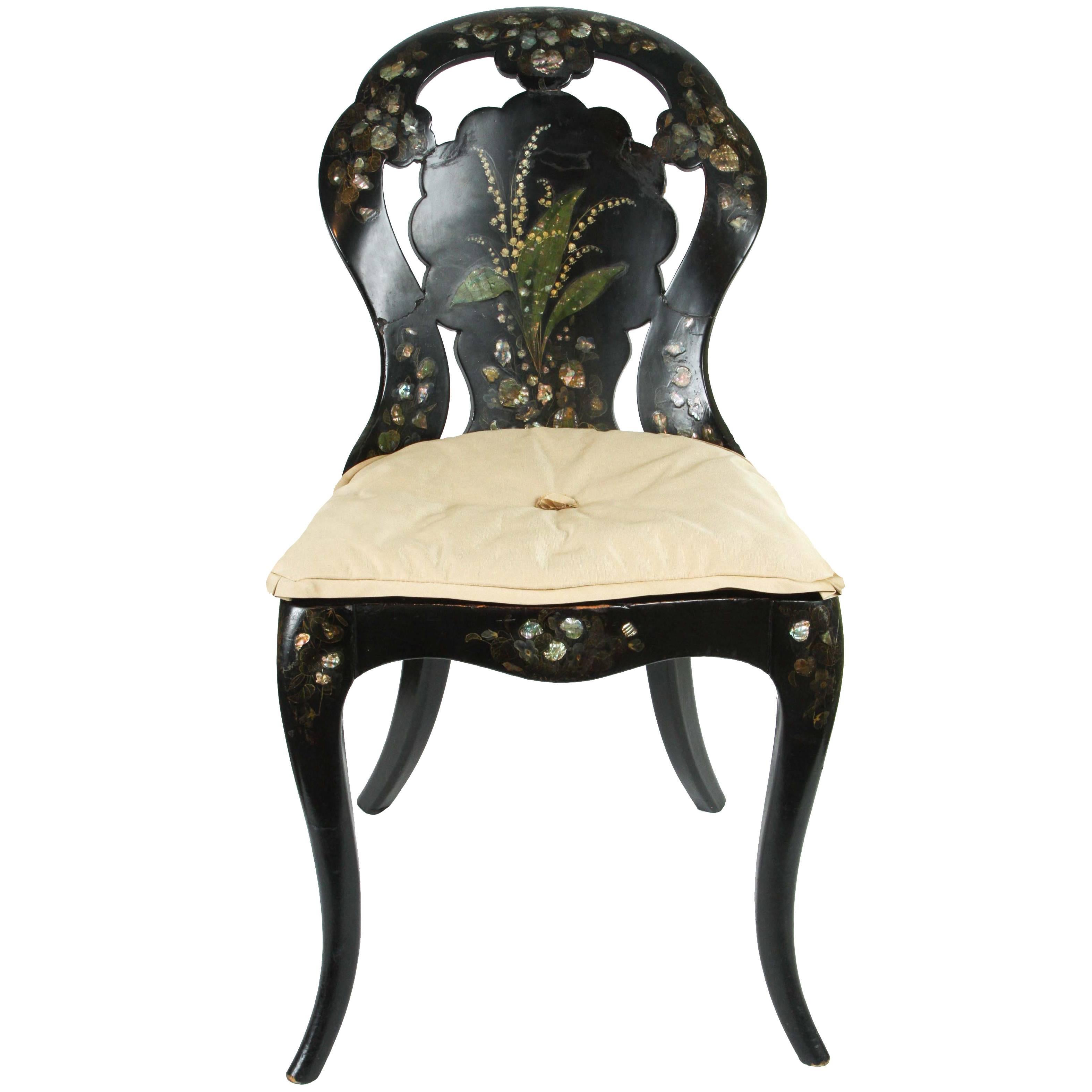 A Papier-Mache Chair in Black Lacquer with Mother of Pearl Inlay, circa 1850