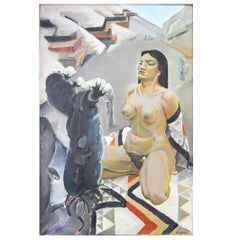 "First Bloom, " Large Art Deco Painting w/ Female Nude. California artist