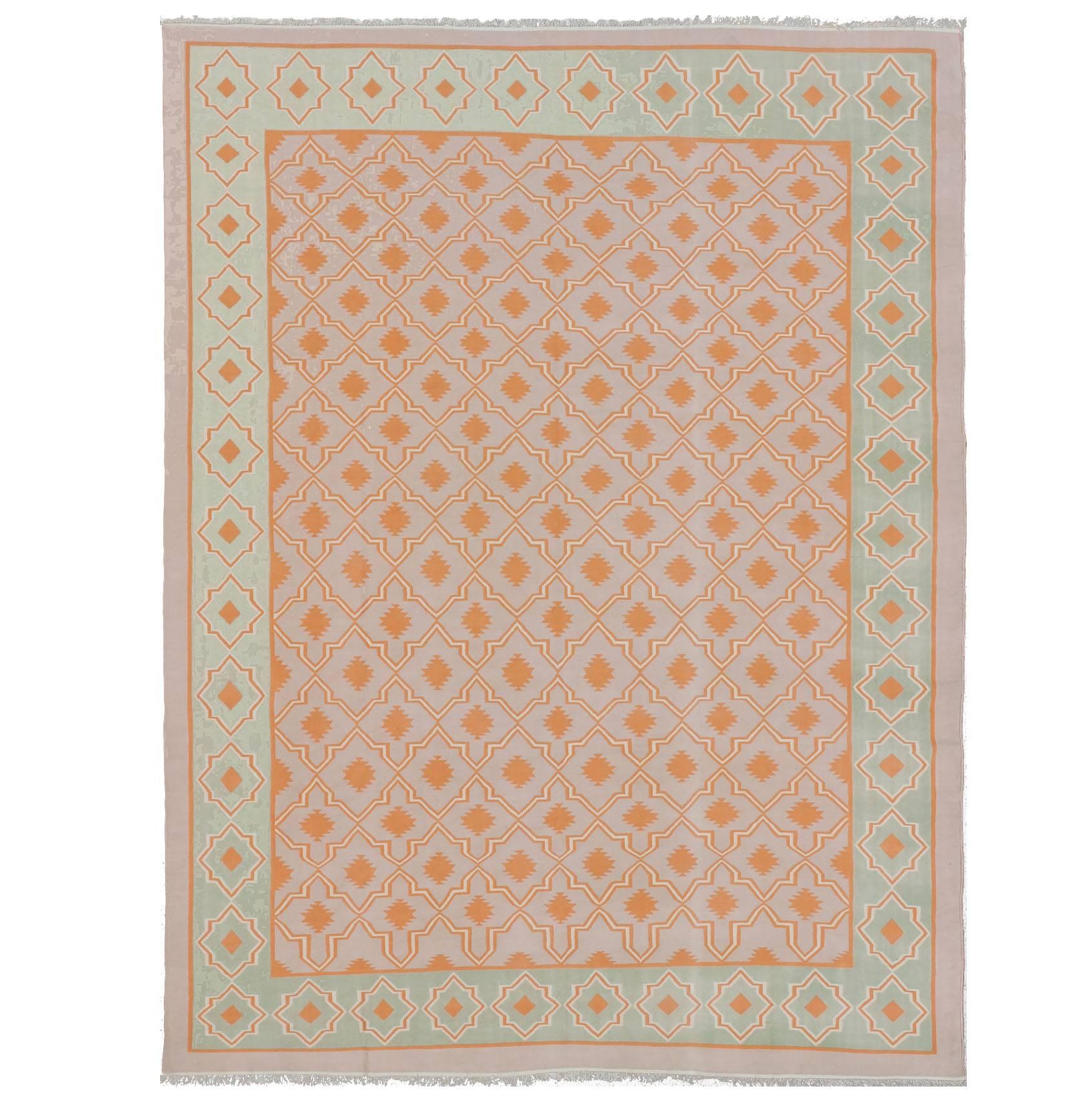 Grand tapis vintage Dhurrie de créateur en coton  11'6 x 14'6