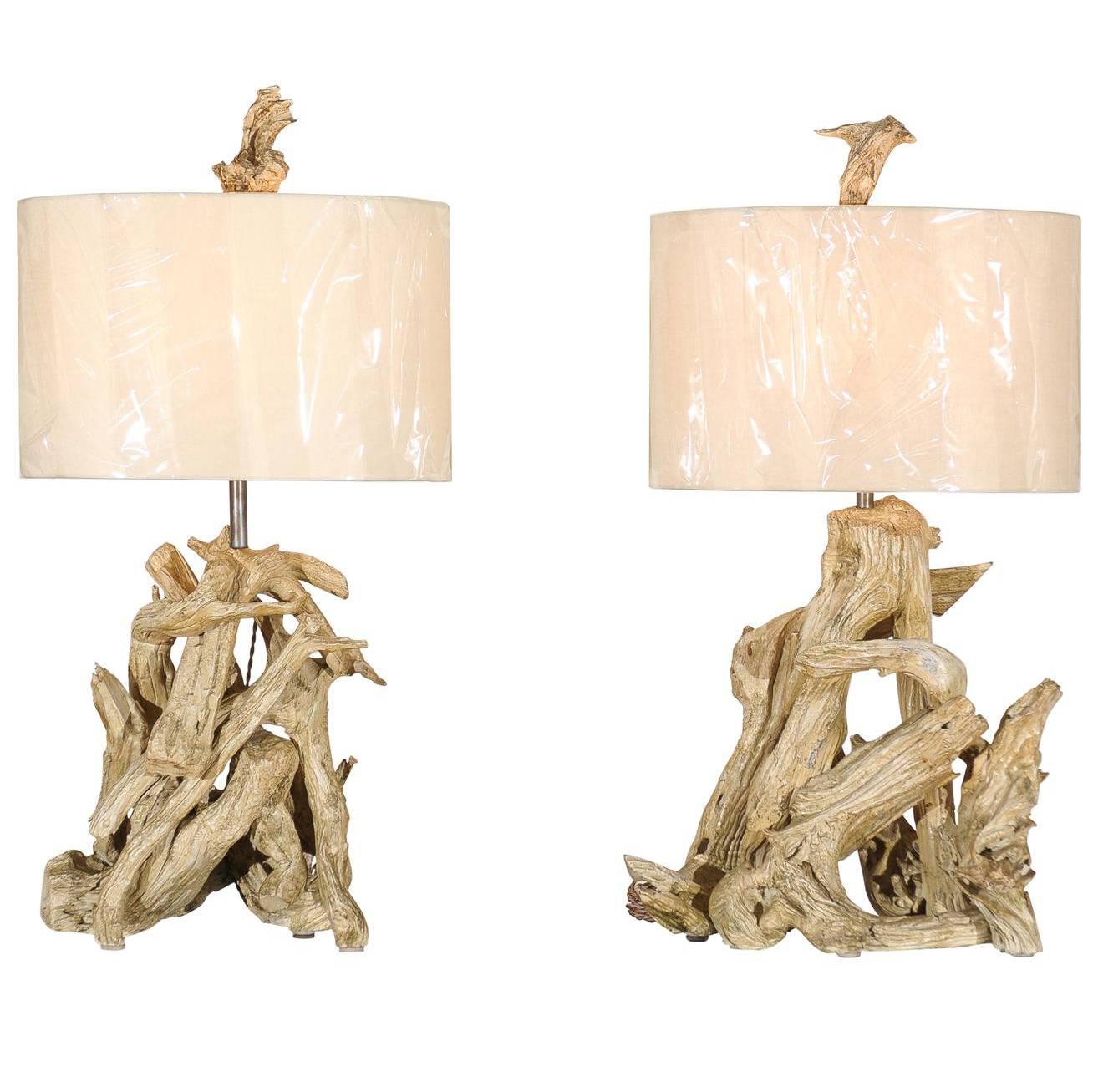 Beautiful Restored Pair of Large-Scale Driftwood Lamps in Gesso, circa 1950