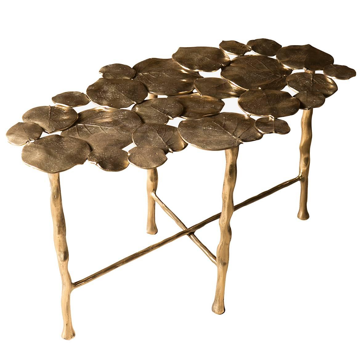 Oval Cast Brass Leaves Cocktail Occasional Side Table from France For Sale