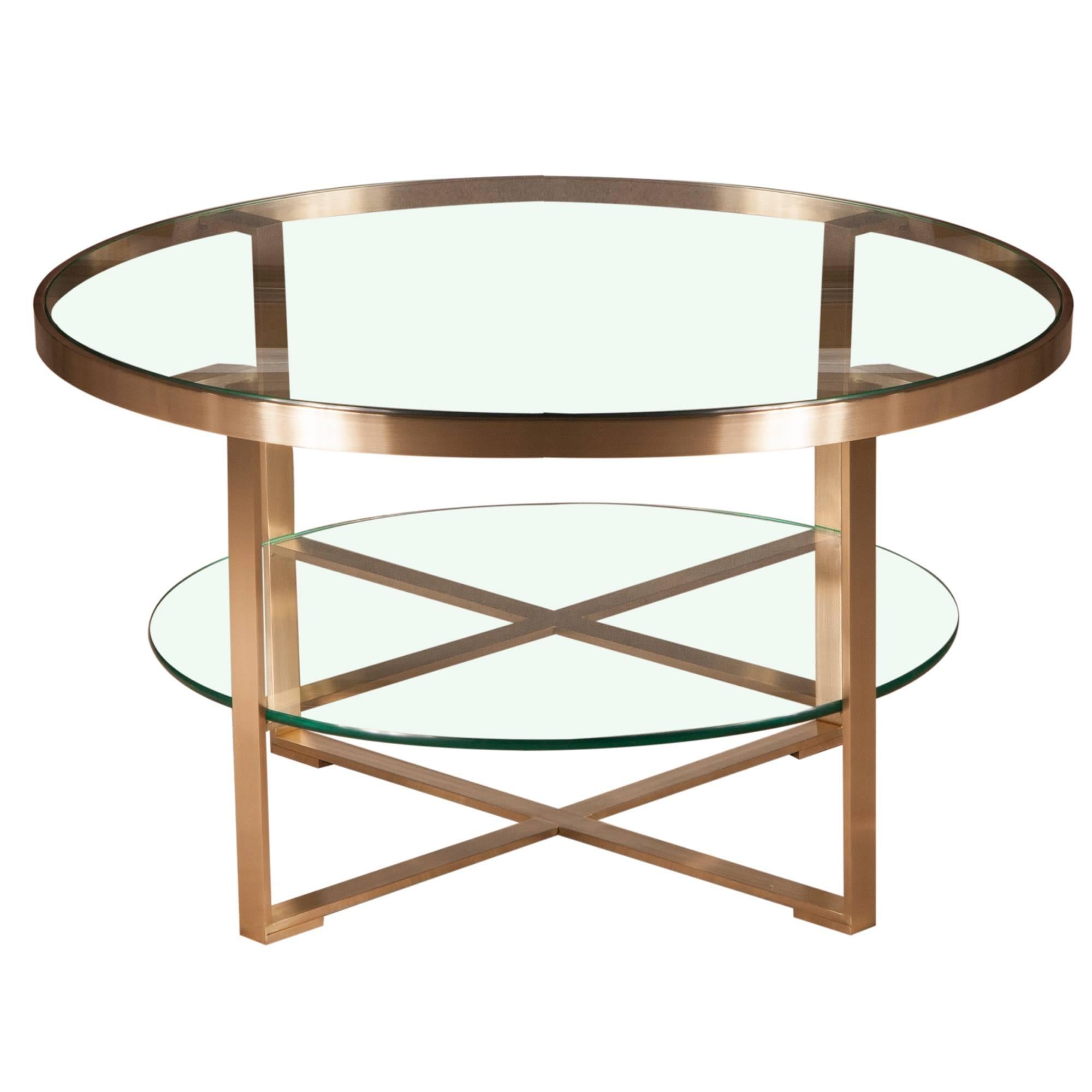 French Round Coffee Cocktail Table with Brushed Brass and Glass Top and Shelf For Sale
