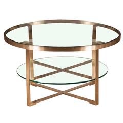 French Round Coffee Cocktail Table with Brushed Brass and Glass Top and Shelf