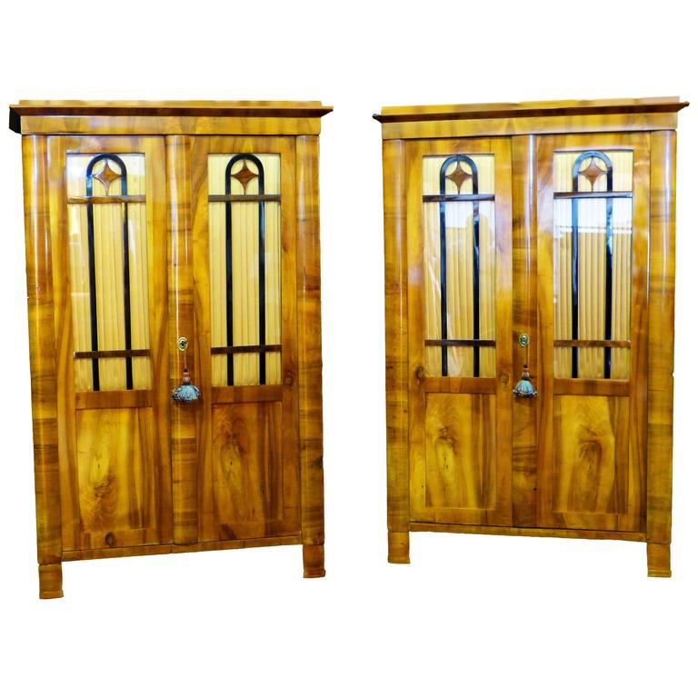 Pair Biedermeier Bookcases 19th Century German Walnut Display Pair Biedermeier Bookcases 19th Century German Walnut Display Cabinets For