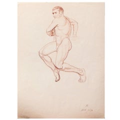 "Twisting Male Nude, " Art Deco Drawing by Pioneering Native American, 1934