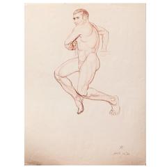 "Twisting Male Nude," Art Deco Drawing by Pioneering Native American, 1934