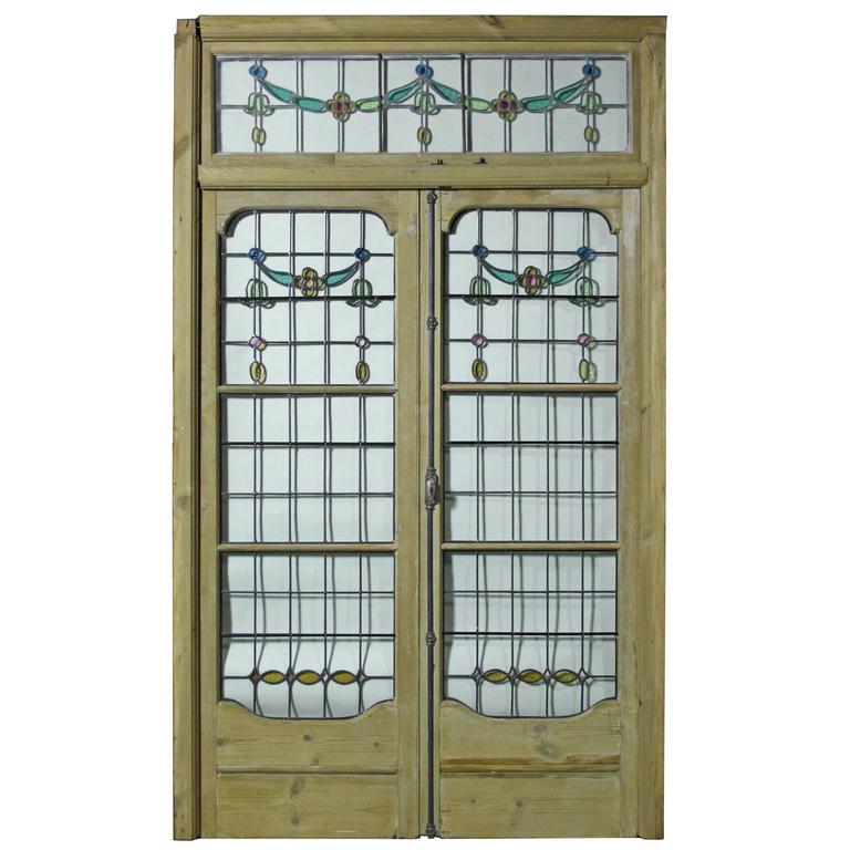 Pair of Antique Leaded Glass French Double Doors with Frame at 1stDibs