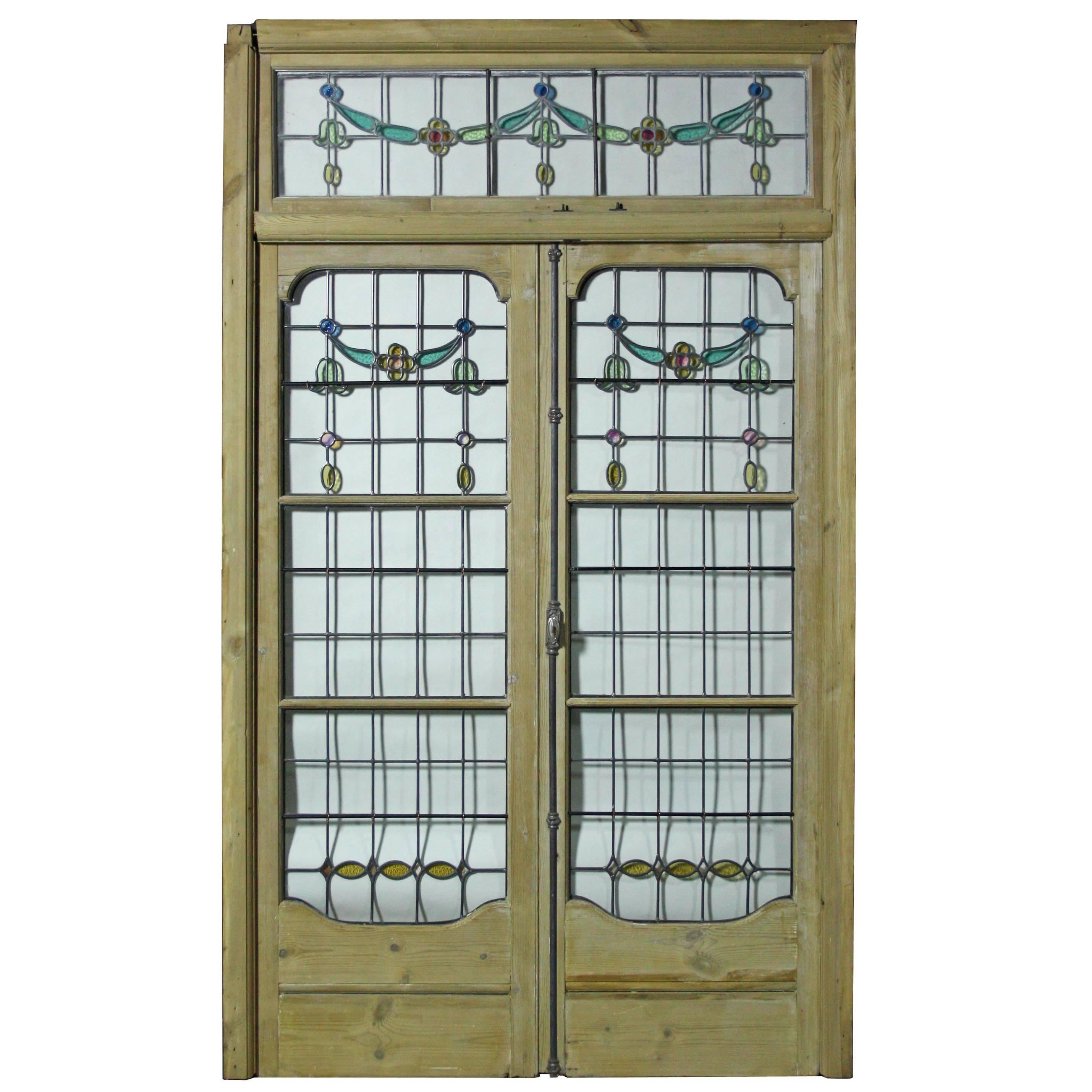 Pair of Antique Leaded Glass French Double Doors with Frame