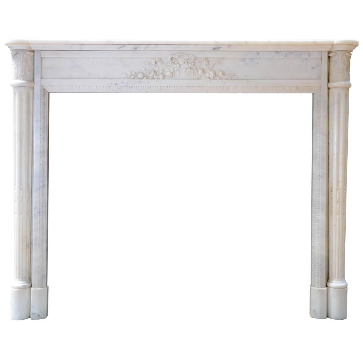 Louis XVI Style White Carrara Marble Fireplace, 19th Century For Sale