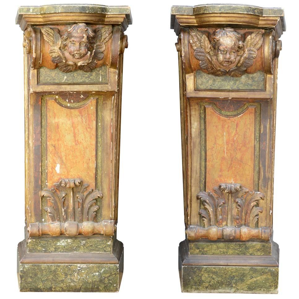 Pair of Carved Wood and Painted Consoles, Italian Work, Early of 20th Century For Sale