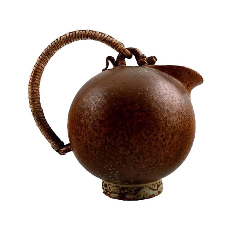 Arne Bang Art Pottery Pitcher with Wicker Handle