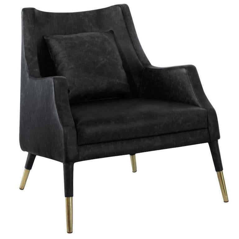 European Mid-Century Modern Carver Fabric and Brass Armchair For Sale