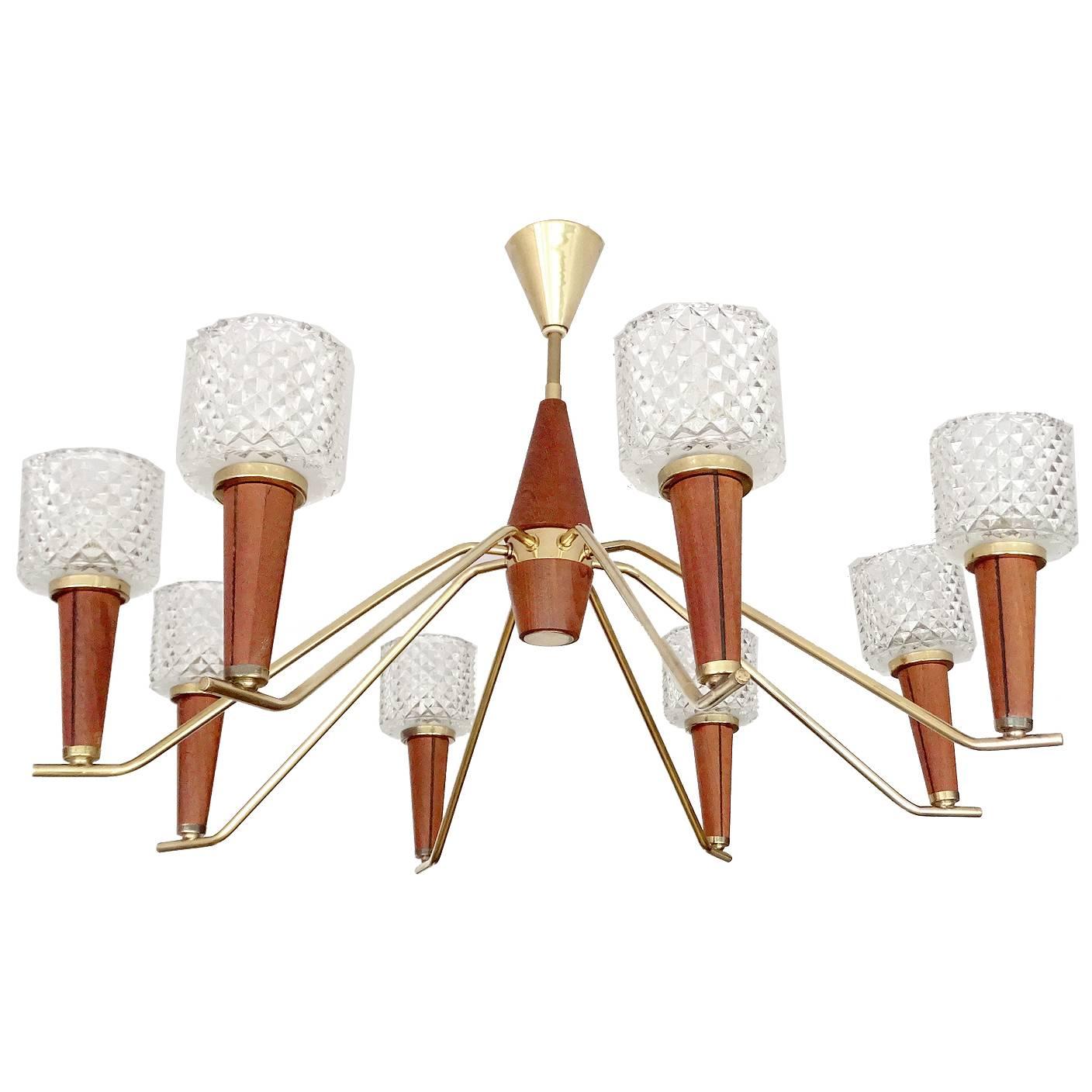 Italian Brass and Glass  Chandelier Danish Modern Teak Glass Ceiling Lamp 60s