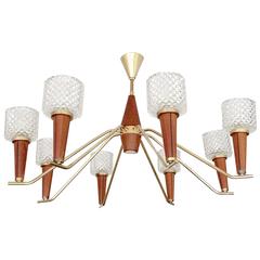 Retro Italian Brass and Glass  Chandelier Danish Modern Teak Glass Ceiling Lamp 60s