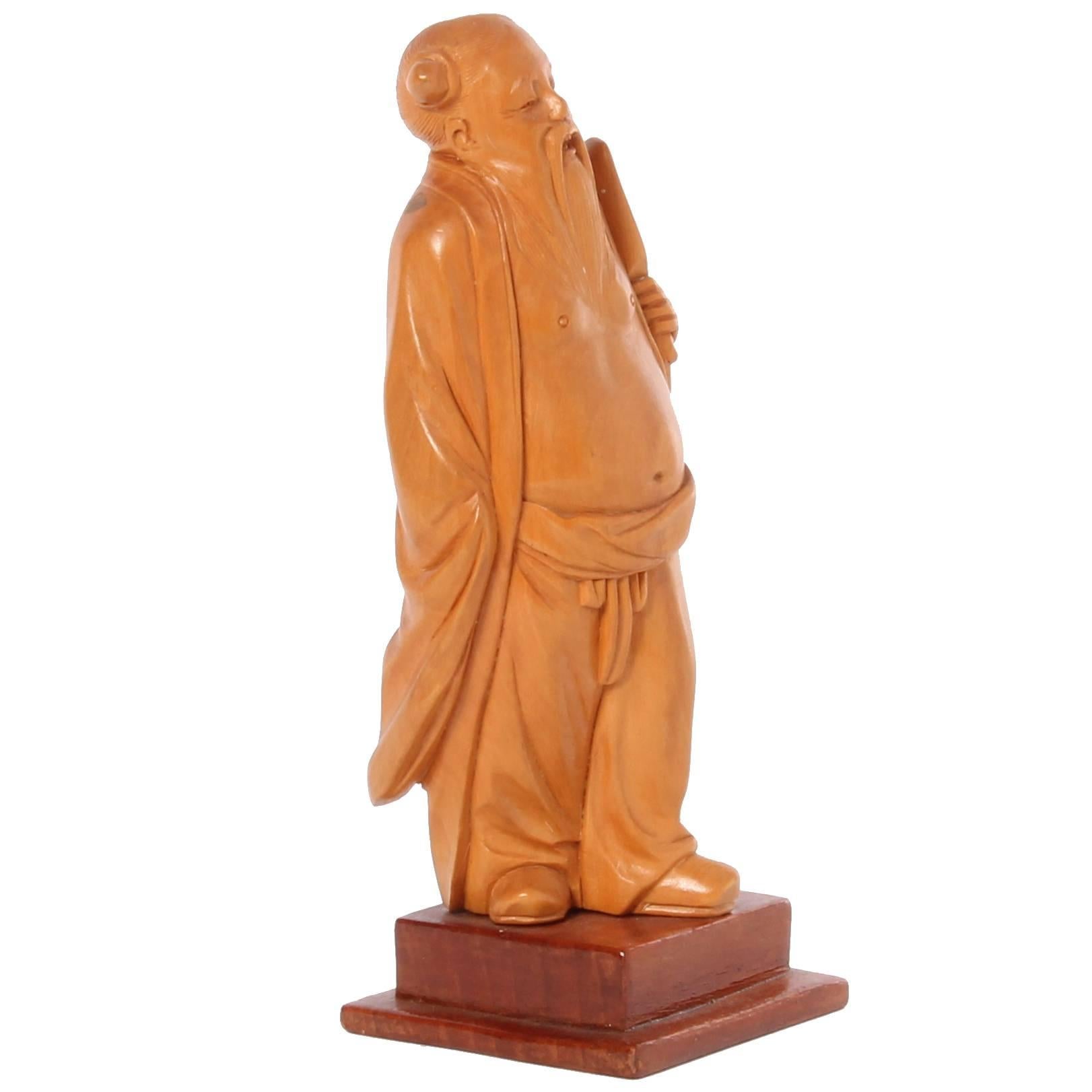 Lovely Chinese Carved Boxwood Sculpture of a Man, circa 1920 For Sale