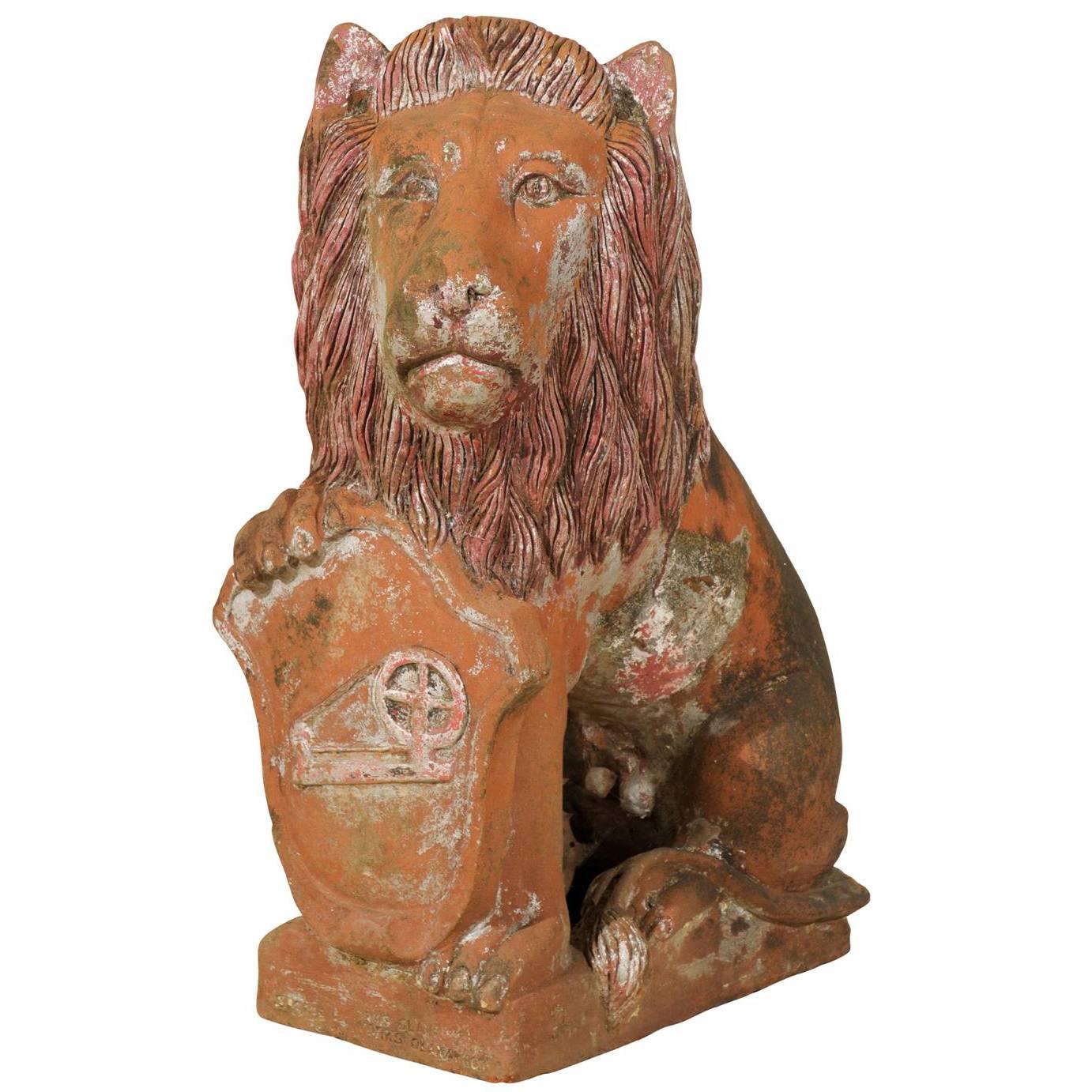 British Colonial Terracotta Lion with Shield of Medium Size with Beautiful Aging
