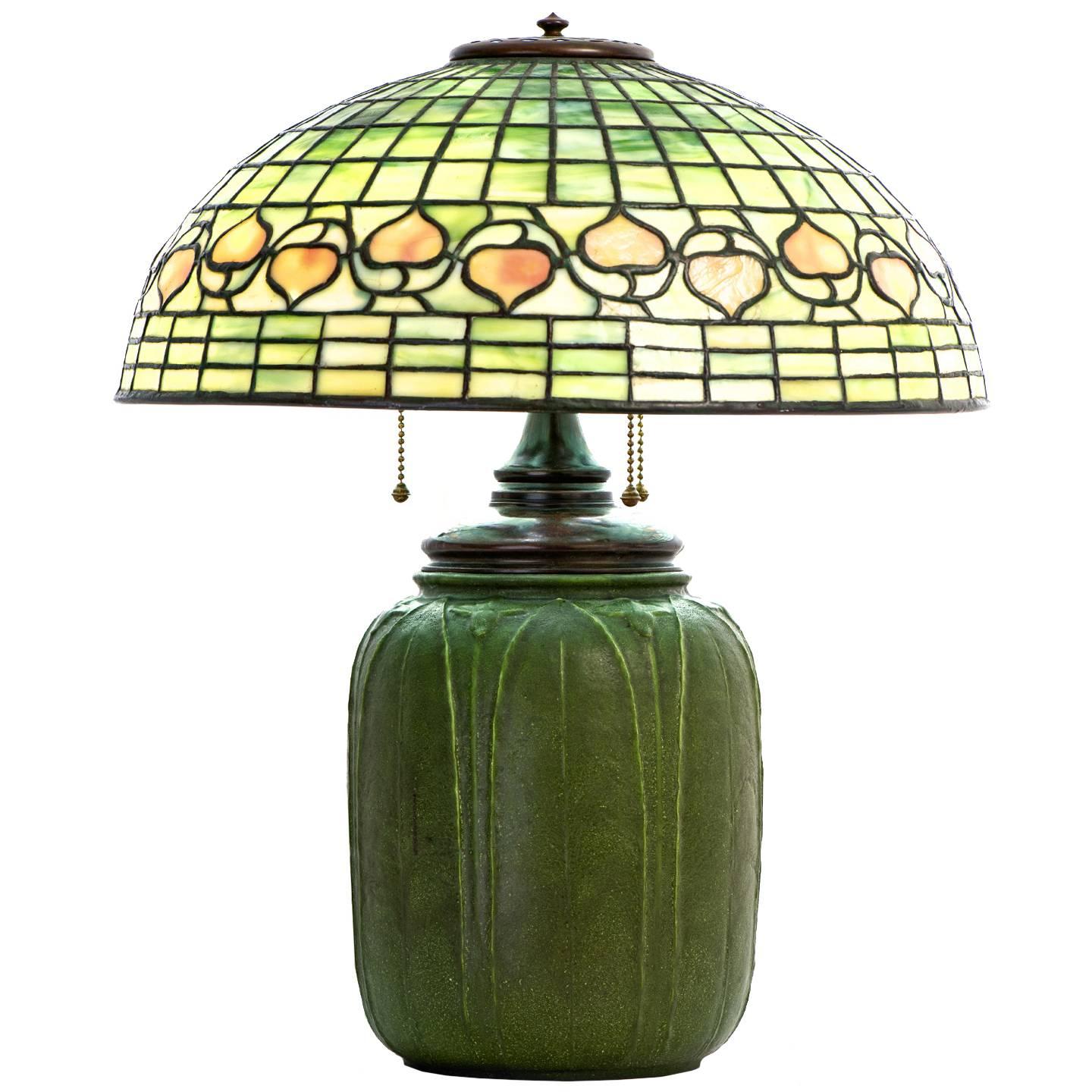 Signed Tiffany Studios Leaded Glass Acorn Lamp with Grueby Base