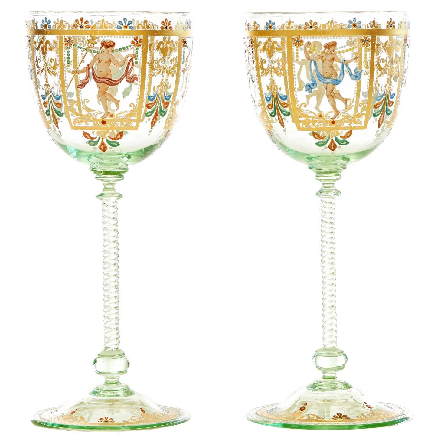 12 Enameled Venetian Wine Glasses by Salviati