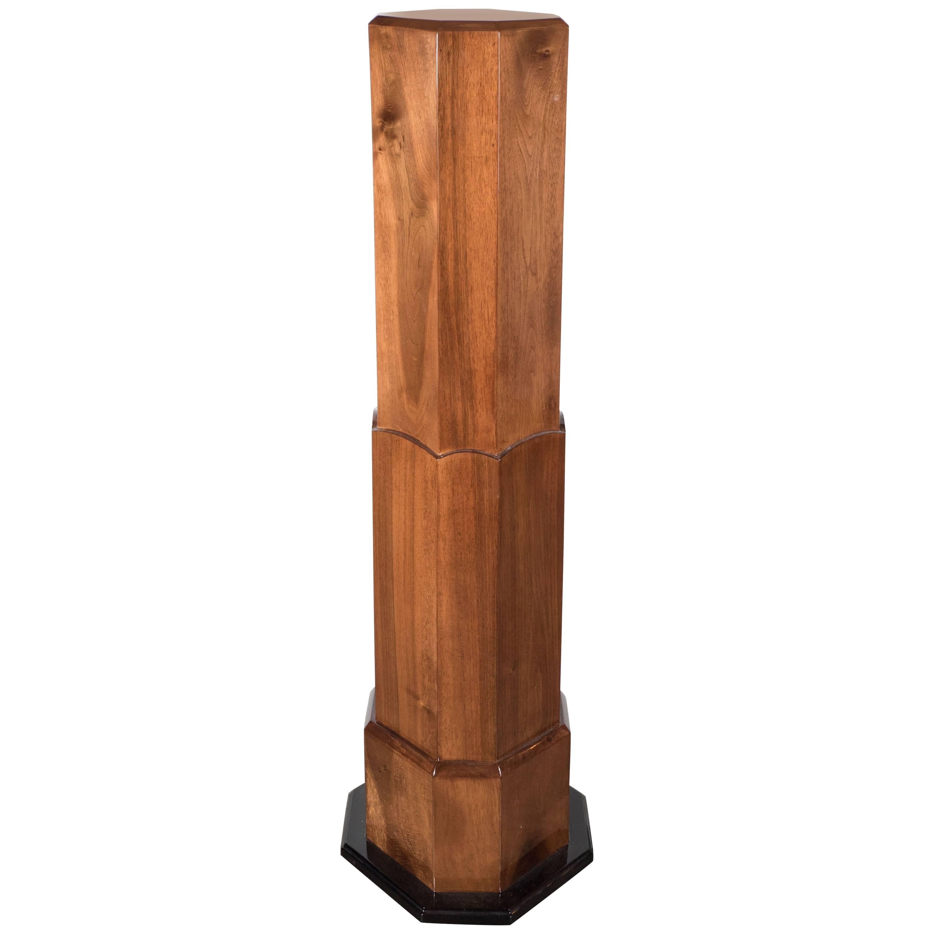 Art Deco Skyscraper-Style Pedestal in Bookmatched Walnut with Lacquer Accents