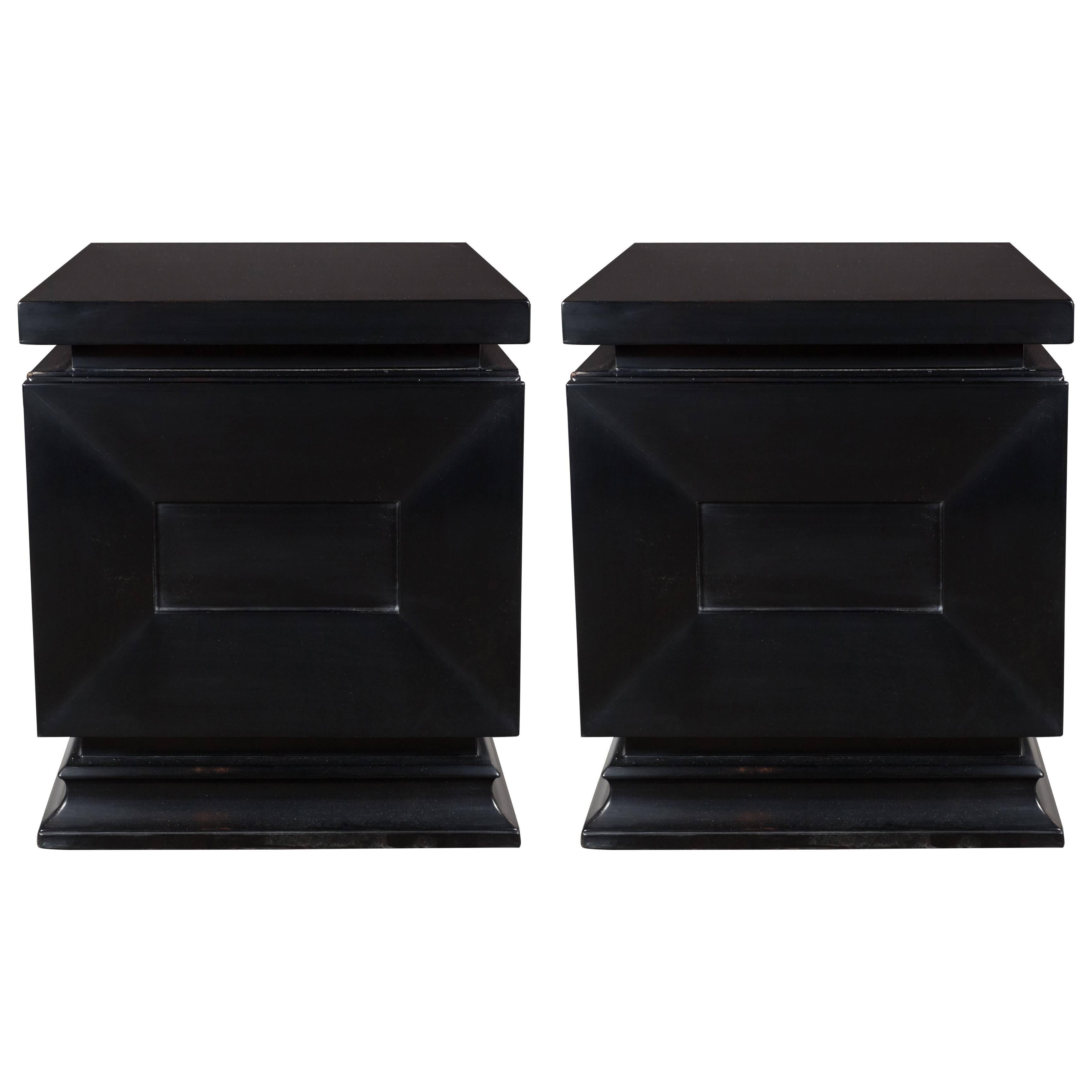 Pair of Mid-Century Nightstands in Ebonized Walnut with a Shadowbox Design