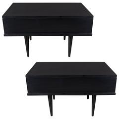 Handsome Pair of Slim Mid-Century Nightstands or End Tables in Ebonized Walnut