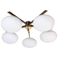 Modernist Brass & Frosted Glass Five-Arm Globe Chandelier, Manner of Arredoluce