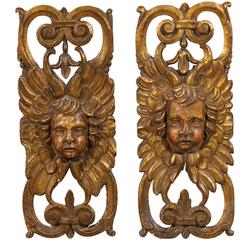 Pair of Italian Early 19th Century Carved Wood Cherubs Wall Decorations