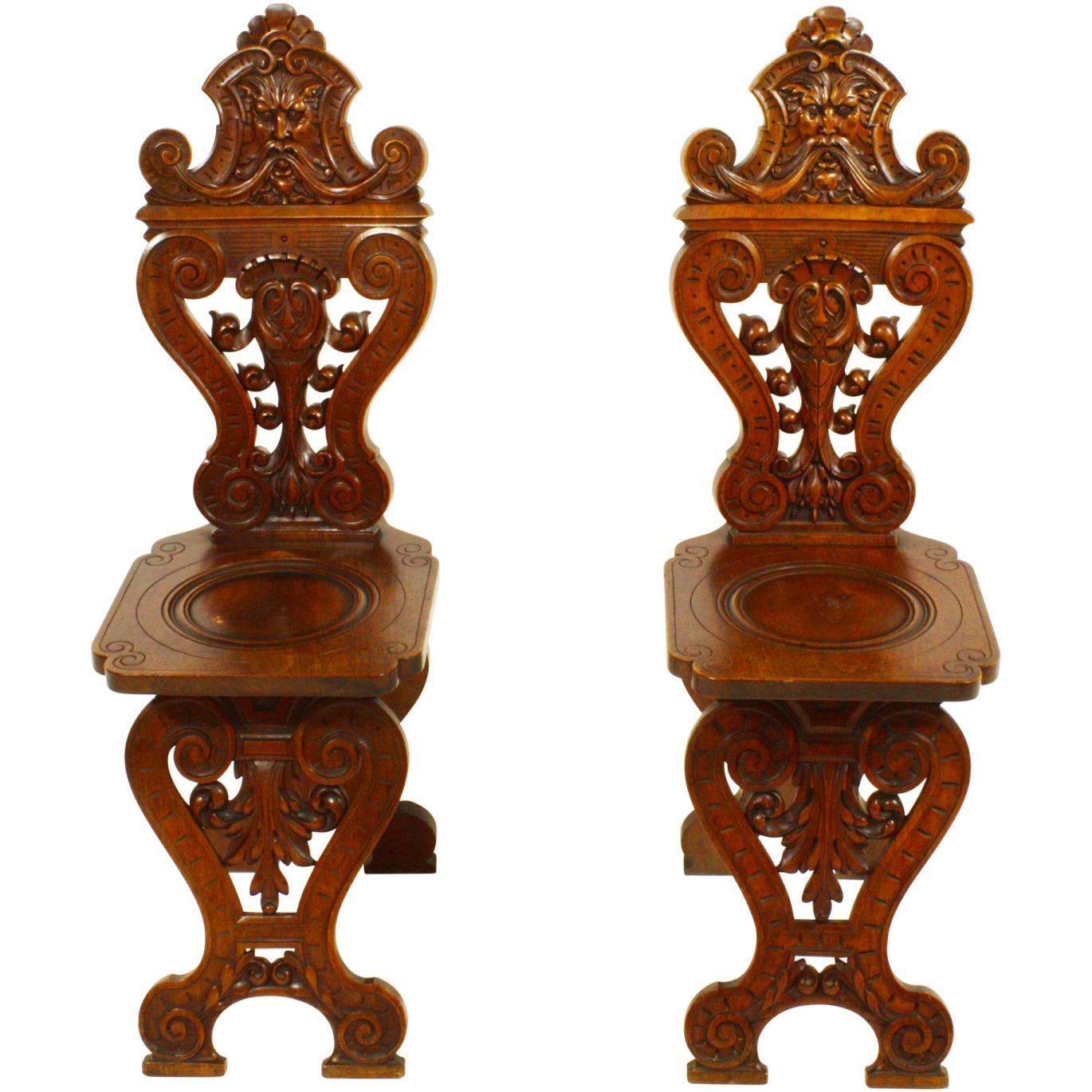 Late 19th Century Walnut Green Men Carved Chairs, Set of Two For Sale