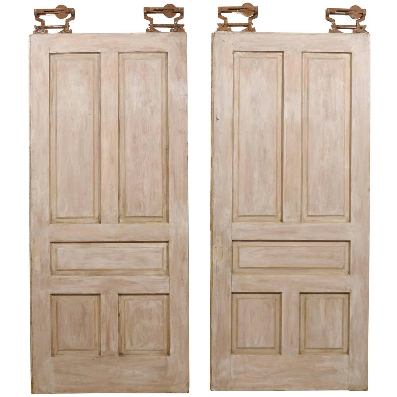 Pair of Early 20th C. Painted Wood 5-Panel Pocket Doors, with Original Hardware