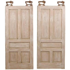 Antique Pair of Early 20th C. Painted Wood 5-Panel Pocket Doors, with Original Hardware