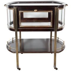 German Art Deco Rolling Bar Cart or Server with Brass Fittings and Paneled Glass