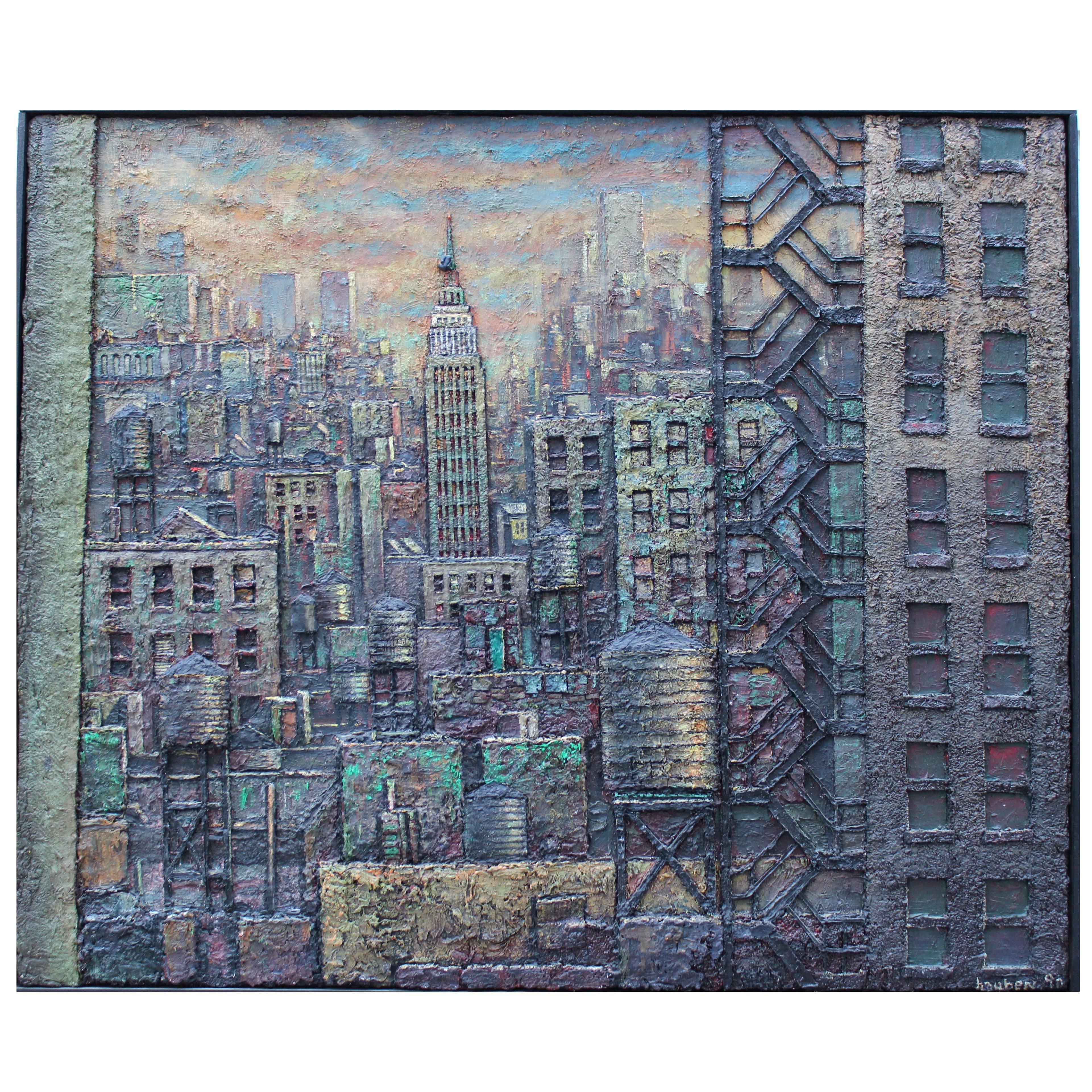 Daniel Hauben Dipinto Skyline NYC Empire State Bldg. Trade Center in vendita