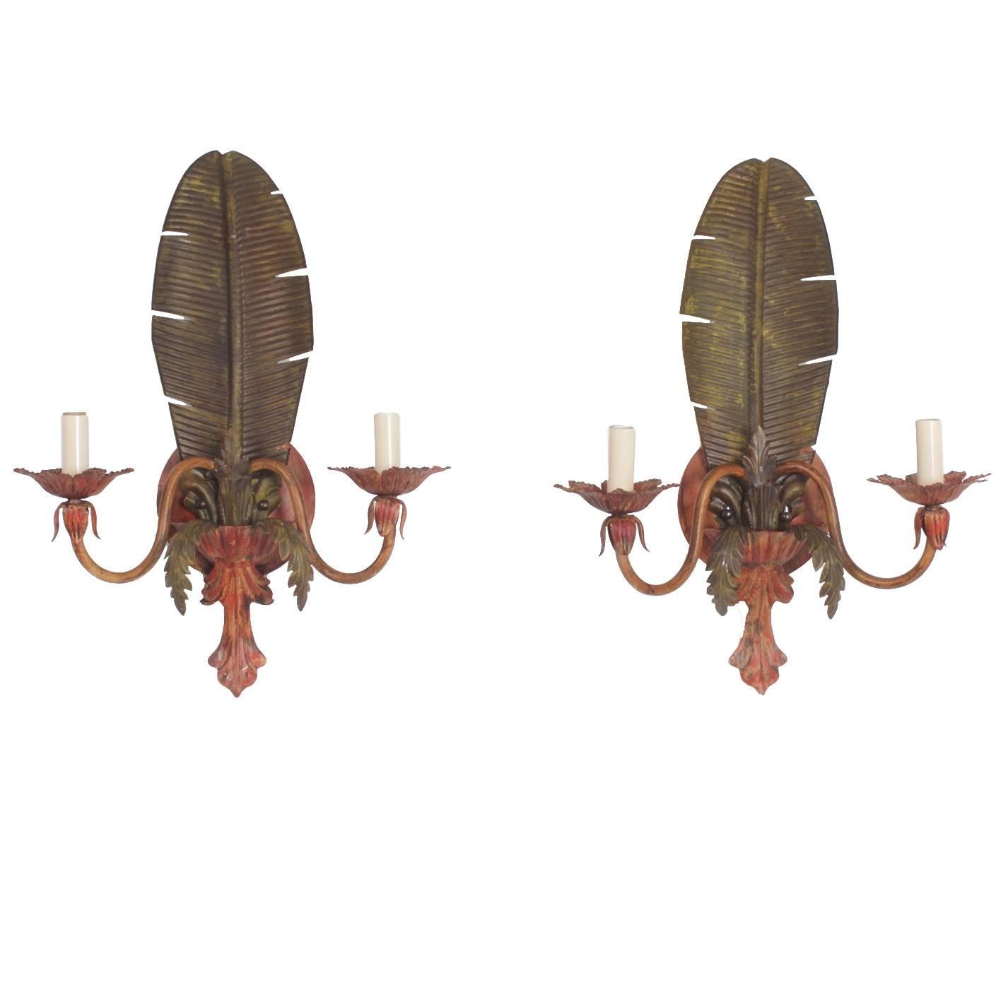 Pair of Palm Tree Sconces, in Fabulous Painted Tole