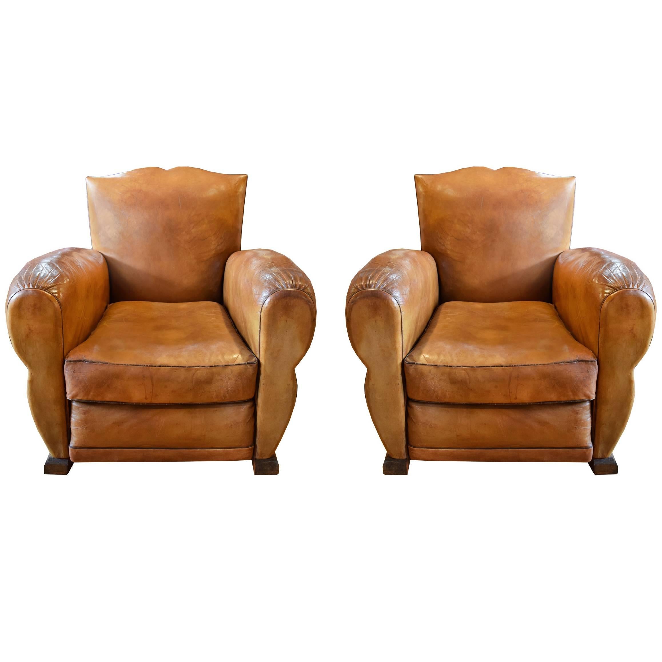 Pair of French Leather Club Chairs