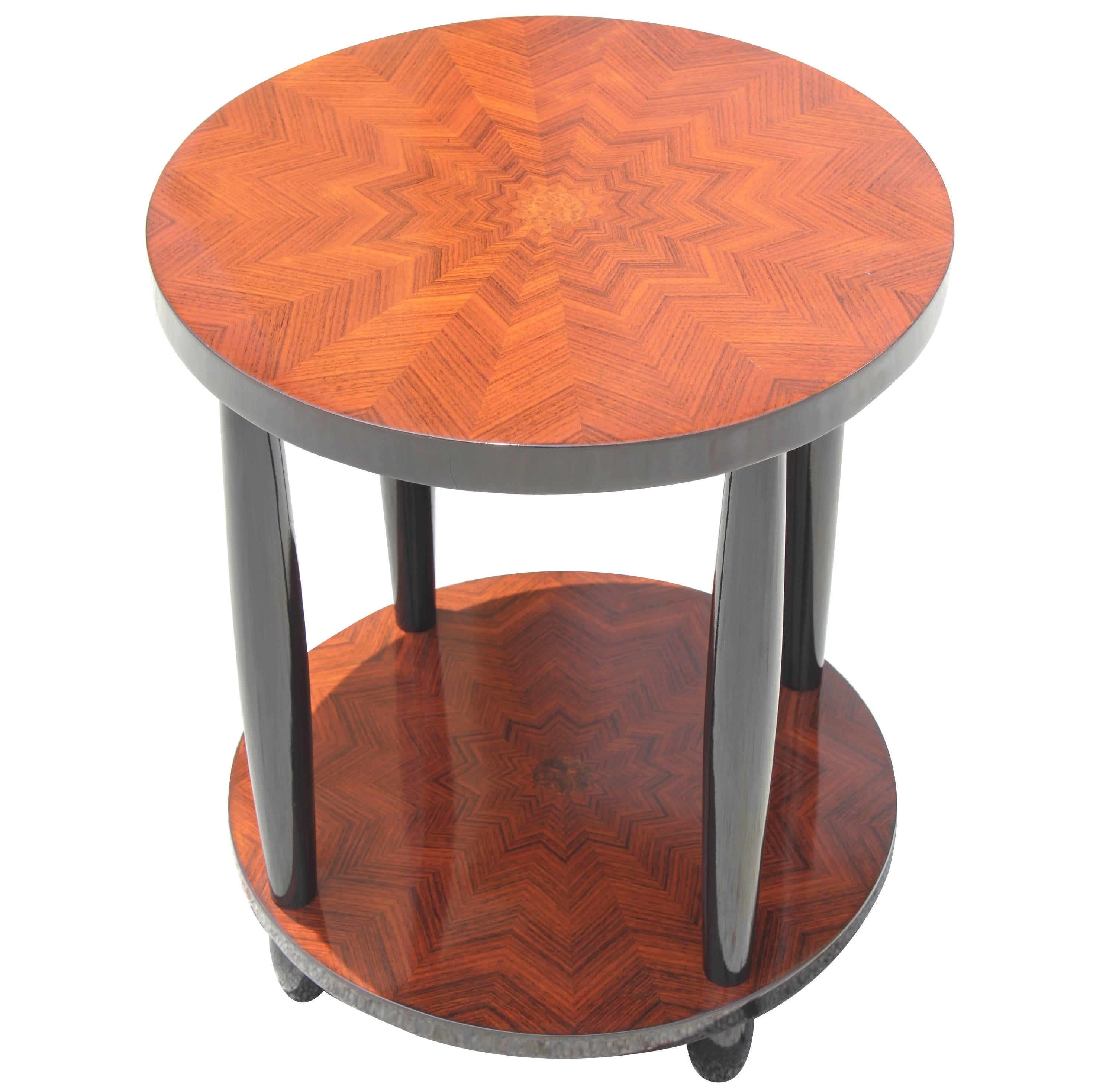 French Art Deco Two-Tier Palisander Inlay "Starburst" Accent Table, circa 1940s