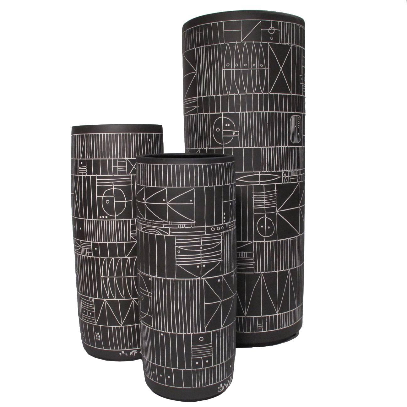Trio of Incised Black Ceramic Cylinder Vases by Heather Rosenman For Sale