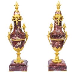 19th Century Pair of Louis XV French Rouge Marble Urns