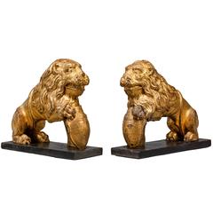 Pair of Tudor Carved Oak and Oil Gilt Lions