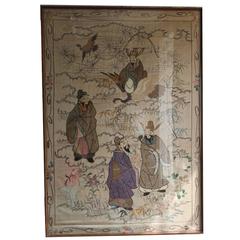 Large circa 1900 Embroidered Silk Framed Wall Hanging