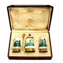 Antique French Sterling Silver 18-Karat Gold Sevres Porcelain Condiment Set with Box