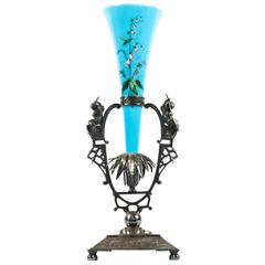 Antique Hand-Painted Vase with Silver Plate Base Holder