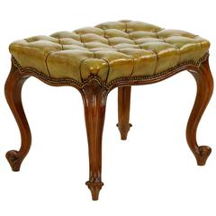 French Rococo Green Tufted Leather Antique Footstool Ottoman