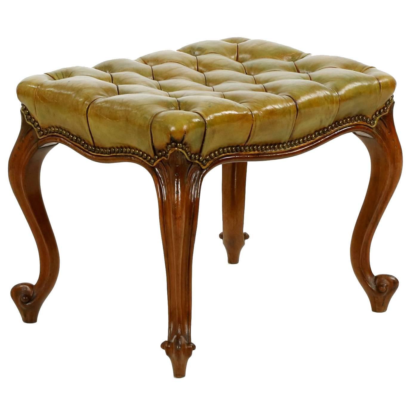 French Rococo Green Tufted Leather Antique Footstool Ottoman For Sale at 1stdibs
