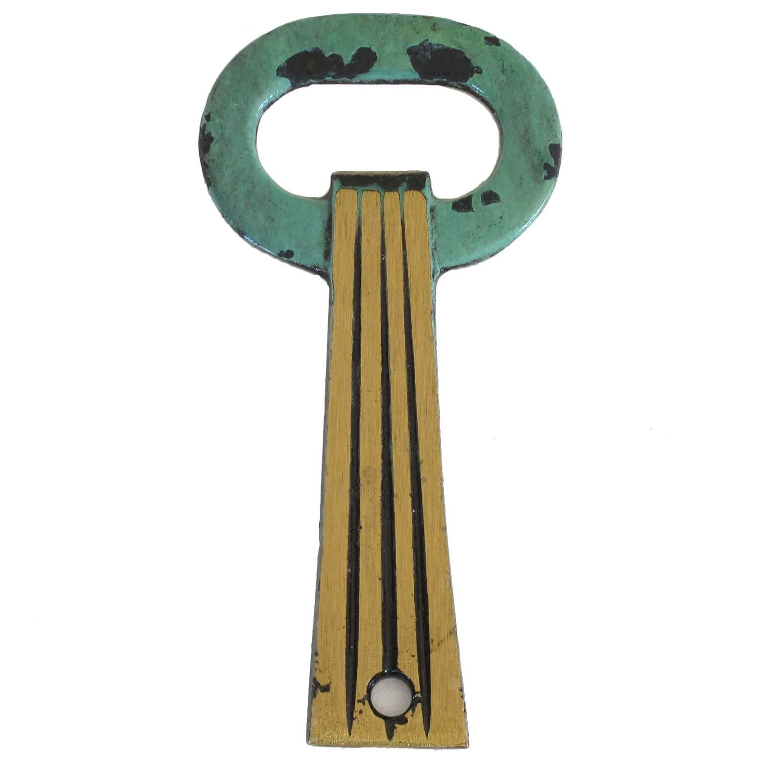 Solid Brass Key Shaped Bottle Opener with Verdigris Patina For Sale