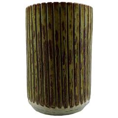 Arne Bang Ceramic Vase, Fluted Design, Stamped AB