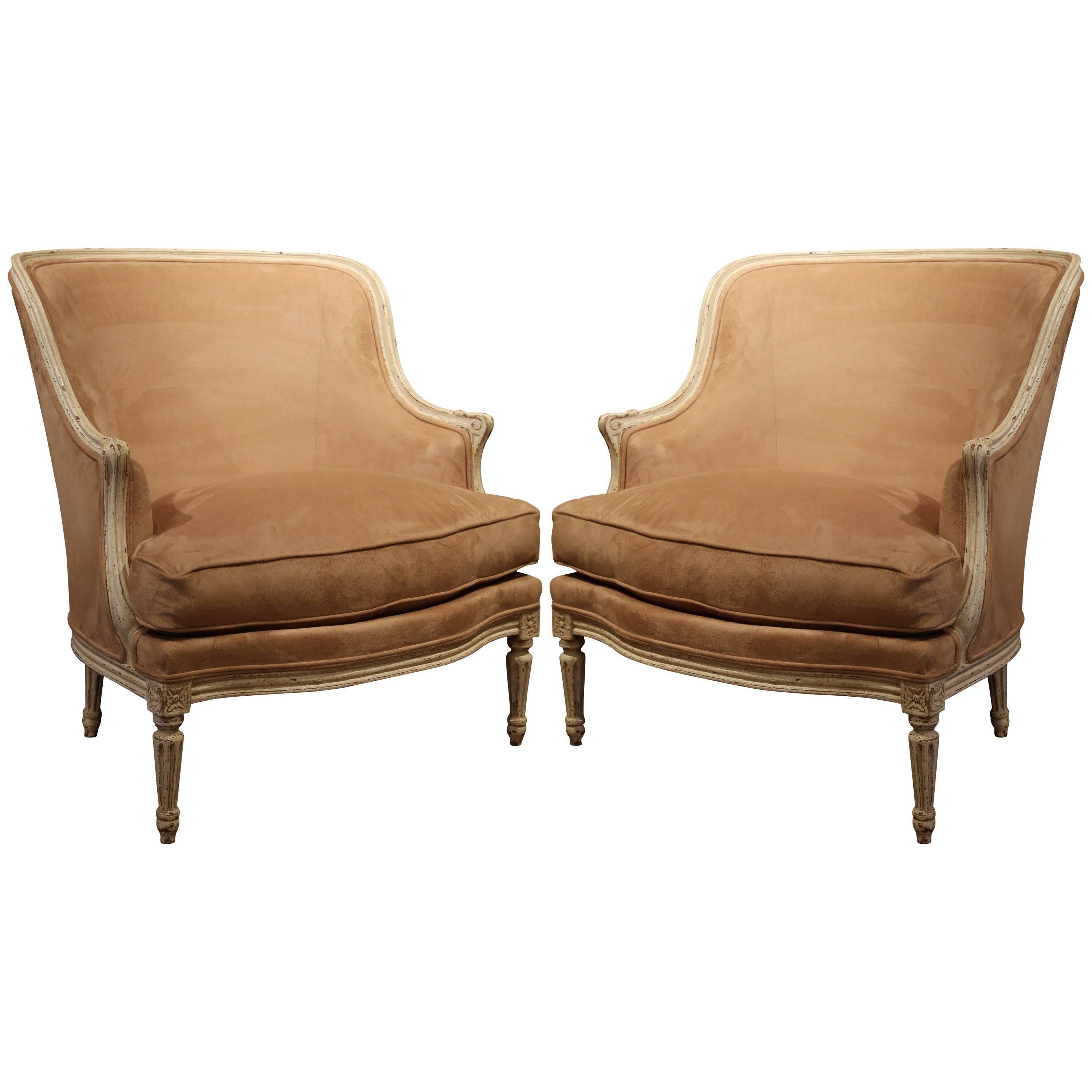Pair of 19th Century French Louis XVI Carved Painted Armchairs with Suede Fabric