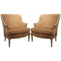 Pair of 19th Century French Louis XVI Carved Painted Armchairs with Suede Fabric
