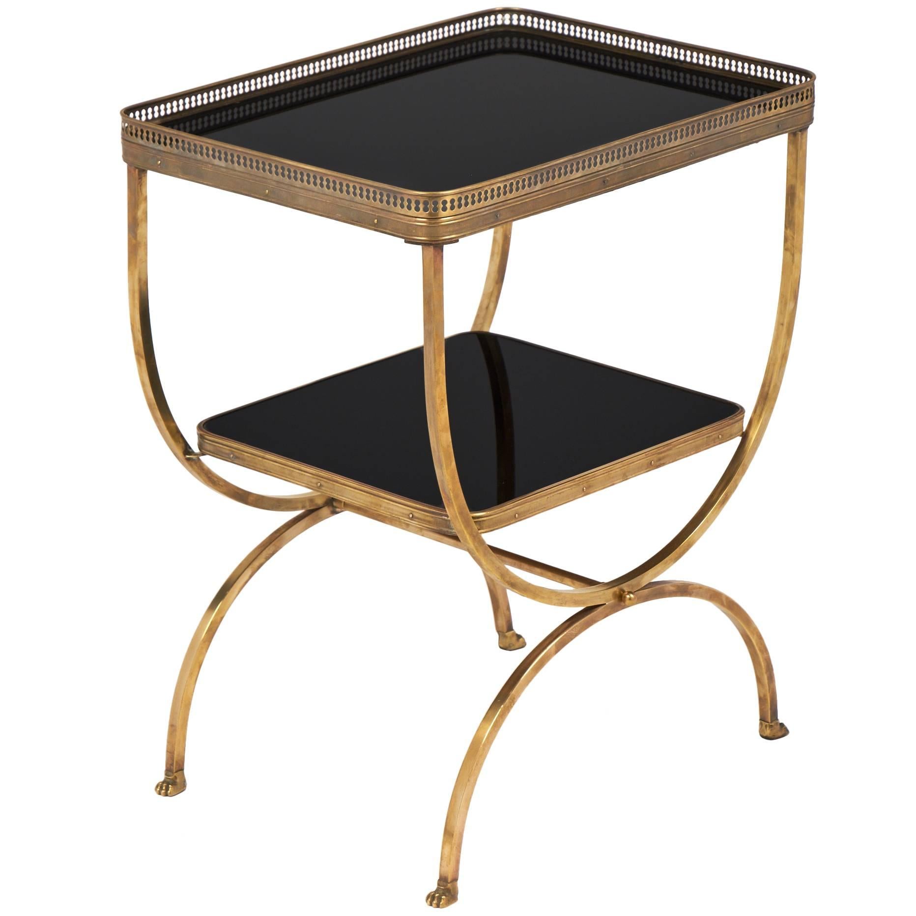 Vintage Brass Curule Side Table with Black Glass Shelves