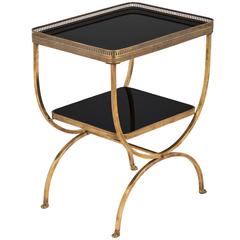 Vintage Brass Curule Side Table with Black Glass Shelves